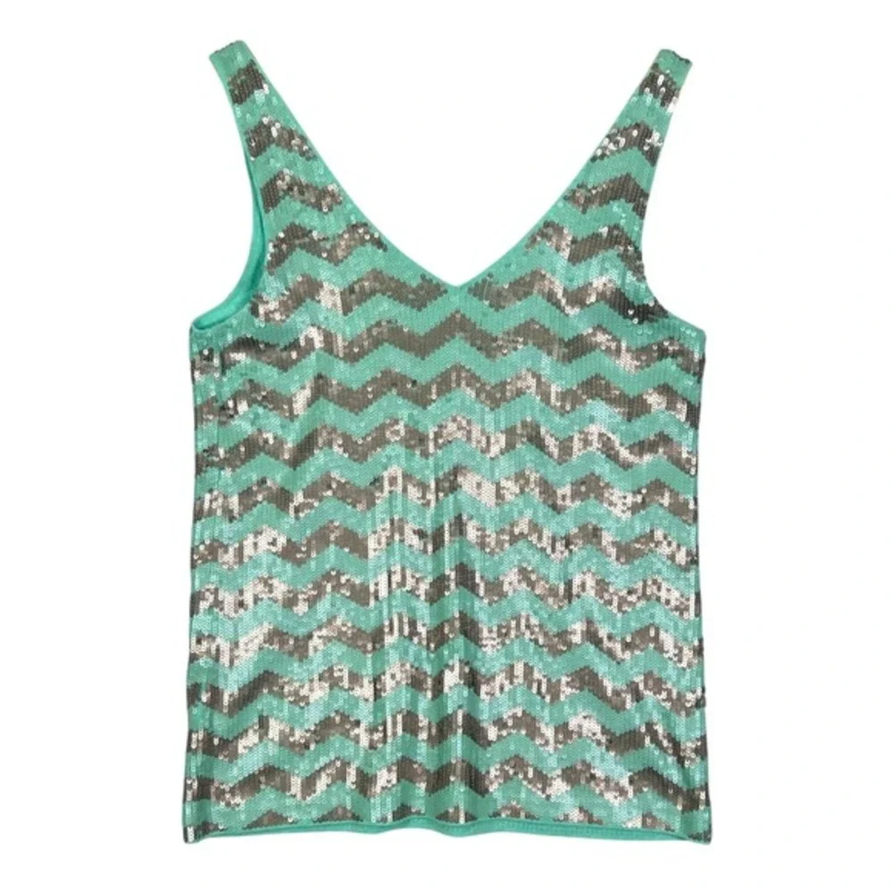 NEW J. CREW Aqua Silver‎ Chevron SEQUIN Zig Zag Cotton Tank Top Small